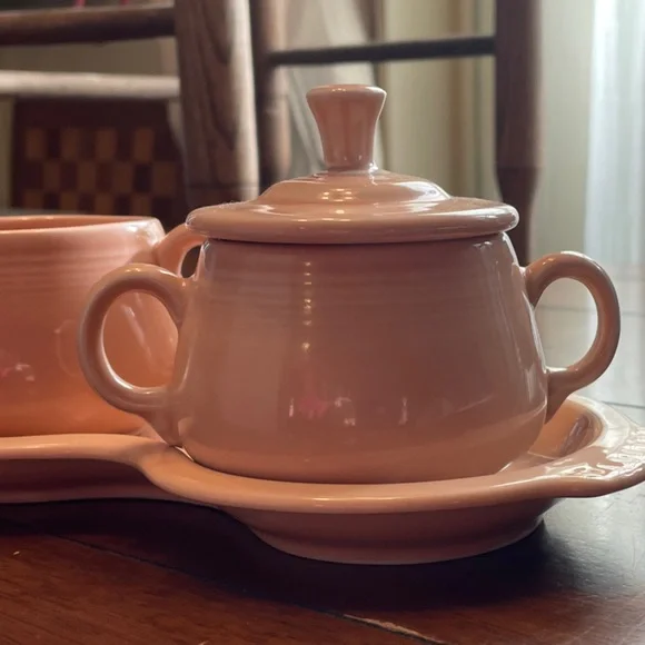 Apricot Fiesta cream and sugar set. W/figure 8 Tray.As seen in Gilmore Girls